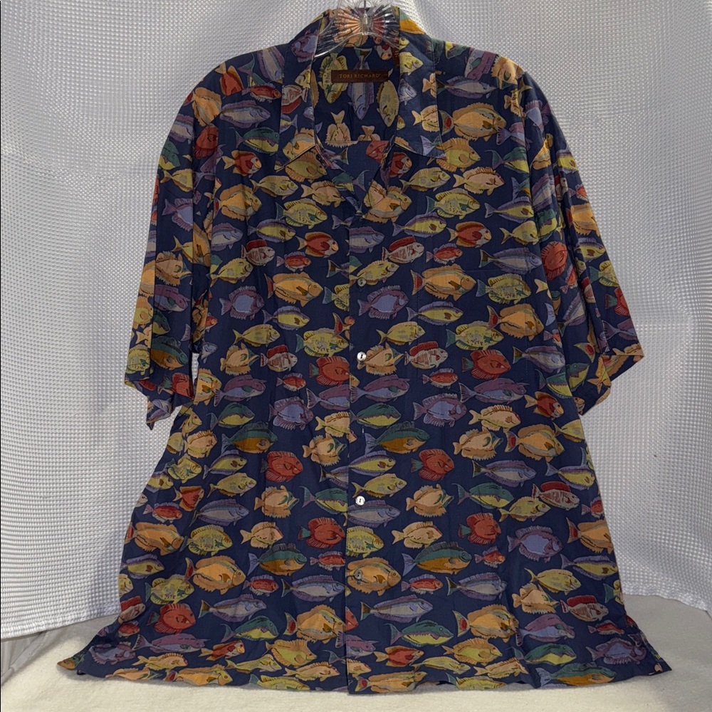 Tori Richard Honolulu Hawaii Aloha Shirt Cotton Lawn Blue Fish Button Down Sz XL